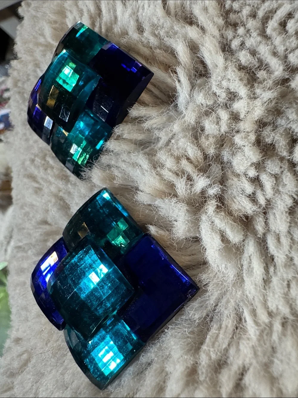 SPARKLE! Vintage Geometric Teal & Cobalt Glass Clip-On Earrings